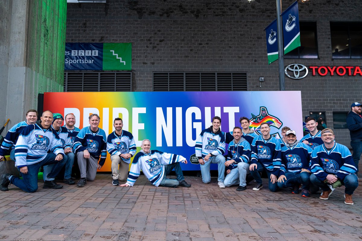 Canucks's tweet photo. We're proud to welcome @CuttingEdgesYVR to tonight's game - British Columbia’s 2SLGBTQIA+ Allies hockey club! https://t.co/RFuotpUzsx