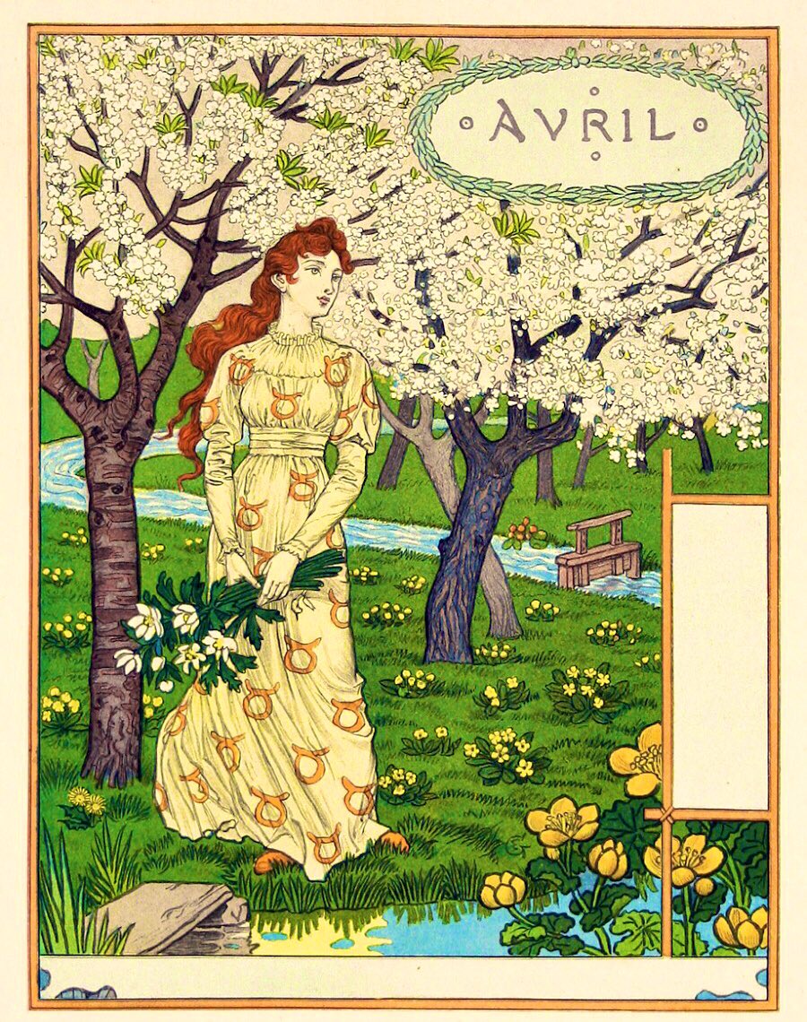 #April by Eugene Grasset, for La Belle Jardiniere, #artnouveau calendar, 1896. #April1st #1stApril #AprilFoolsDay2023 #AprilFoolsDay
