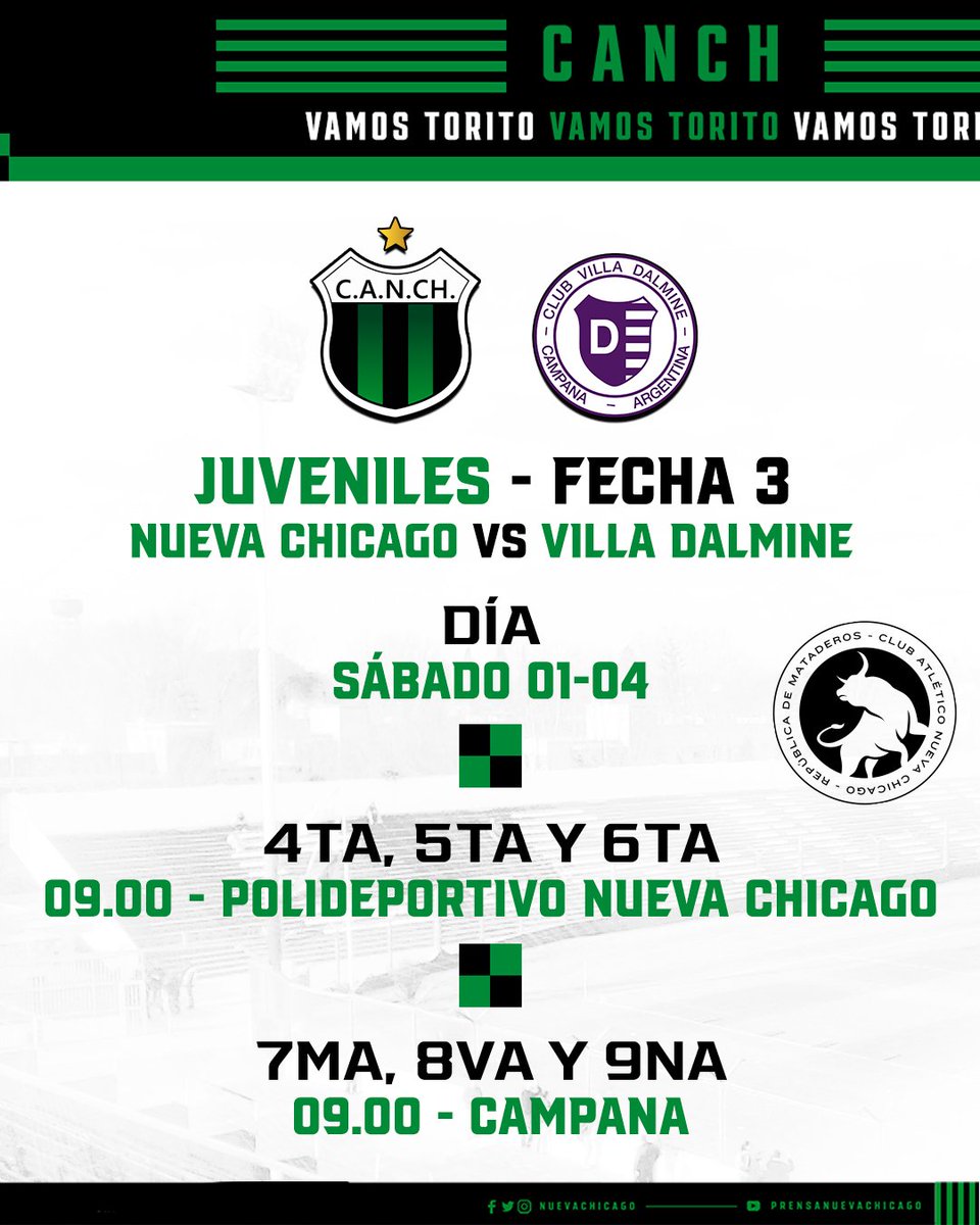 juvenilescanch's tweet photo. ¡Se viene la tercera! 💪🏻

Por la fecha 3 del torneo, Nueva Chicago se enfrenta a @villadalmineok

4ta., 5ta. y 6ta. División disputarán sus encuentros en el Polideportivo, mientras que 7ma., 8va. y 9na. juegan en Campana.
Ambas jornadas comenzarán a las 9am.

¡Vamos Chicago! 💚🖤 https://t.co/a5cC0TQjir