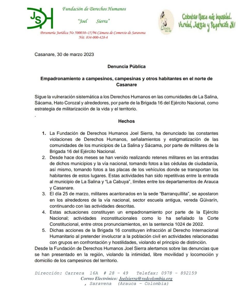 trochandosf's tweet photo. #Atencion #DenunciaPublica 

La Fundación de #DerechosHumanos @fdhjoelsierra denuncia empadronamiento y vulneraciones a los derechos humanos en #LaSalina, #Sacama y #HatoCorozal en #Casanare, producto de la militarización de los territorios y comunidades. https://t.co/SEH9MUMgAz
