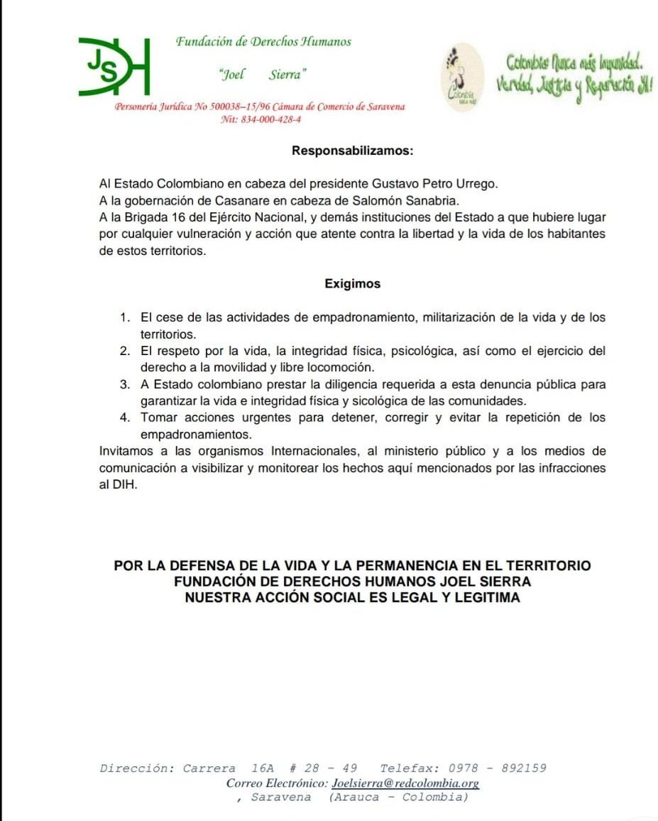trochandosf's tweet photo. #Atencion #DenunciaPublica 

La Fundación de #DerechosHumanos @fdhjoelsierra denuncia empadronamiento y vulneraciones a los derechos humanos en #LaSalina, #Sacama y #HatoCorozal en #Casanare, producto de la militarización de los territorios y comunidades. https://t.co/SEH9MUMgAz