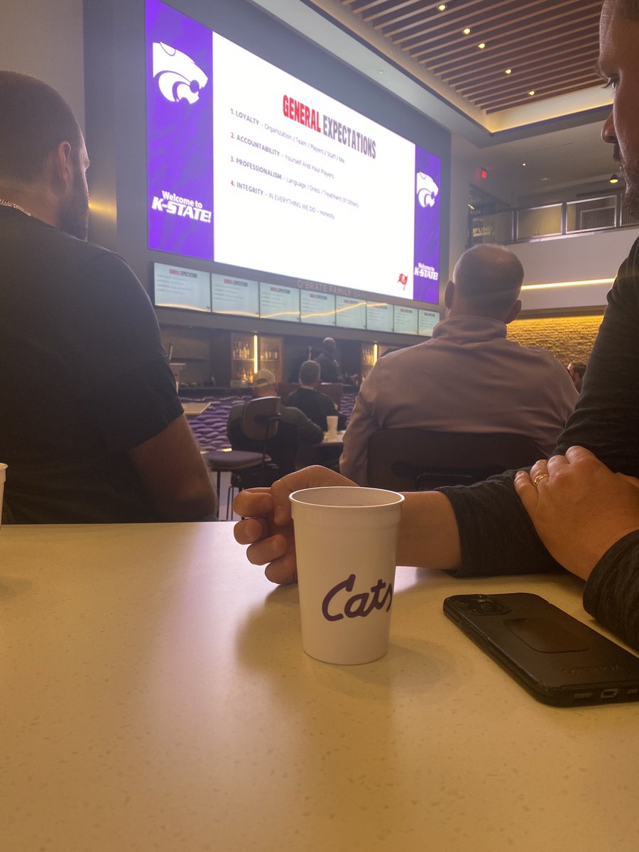 We are at K State football clinic.  Todd Bowles from Tampa Bay Bucs is the keynote.  Even Coach Kleiman just in front of us is joining us to listen to the message.  #RollDogs