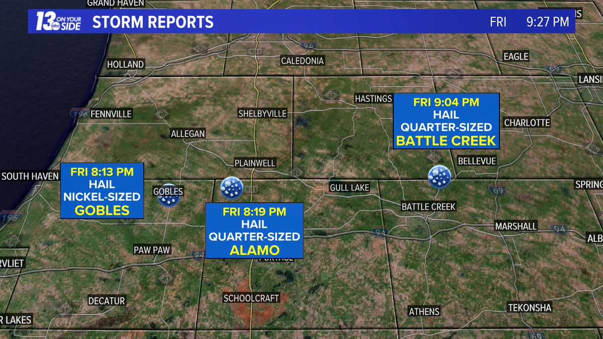 glessens's tweet photo. Up to 1'' hail reported in Battle Creek #CalhounCo (MI) at 9:04 pm Friday. Add'l hail reported near Gobles and Alamo earlier. #wmiwx #miwx #WestMichigan #13OYS @wzzm13 @13OYSwx https://t.co/3Anl97esJO