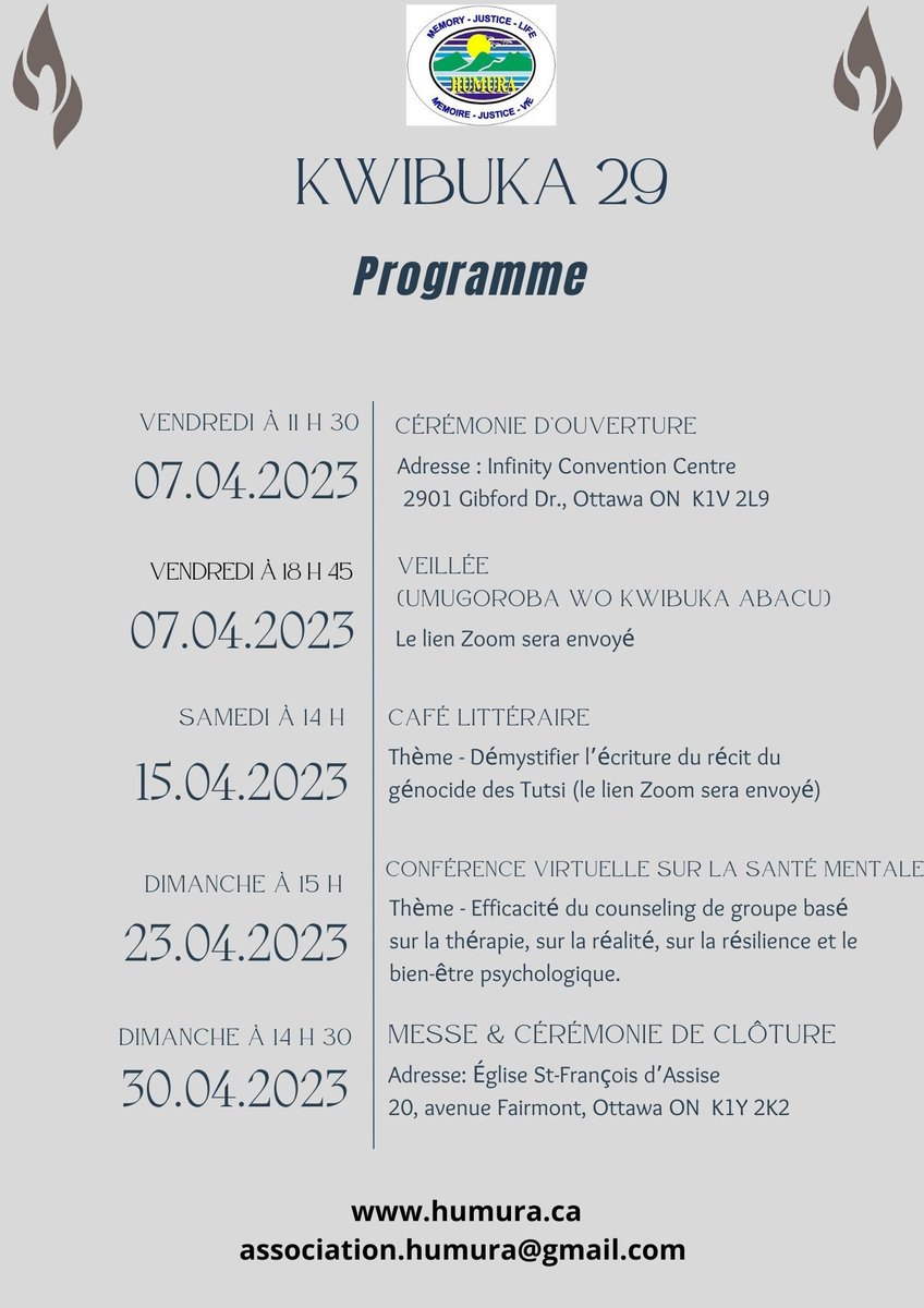 AssociationHum7's tweet photo. Voici le programme de la 29ème commémoration du génocide perpétré contre les Tutsi du Rwanda en 1994. #Kwibuka29 https://t.co/XZVr20T6xL
