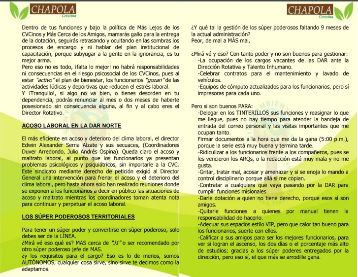 SintrambienteNa's tweet photo. Vuelve la Chapola, el medio de comunicación de las Subdirectivas del Vallle del Cauca, esta vez denunciando los incumplimientos a los acuerdos sindicales por parte de la @CvcAmbiental, también hacen graves denuncias sobre acoso laboral, feria de contratos y riesgo publico https://t.co/MWrMdpblWW