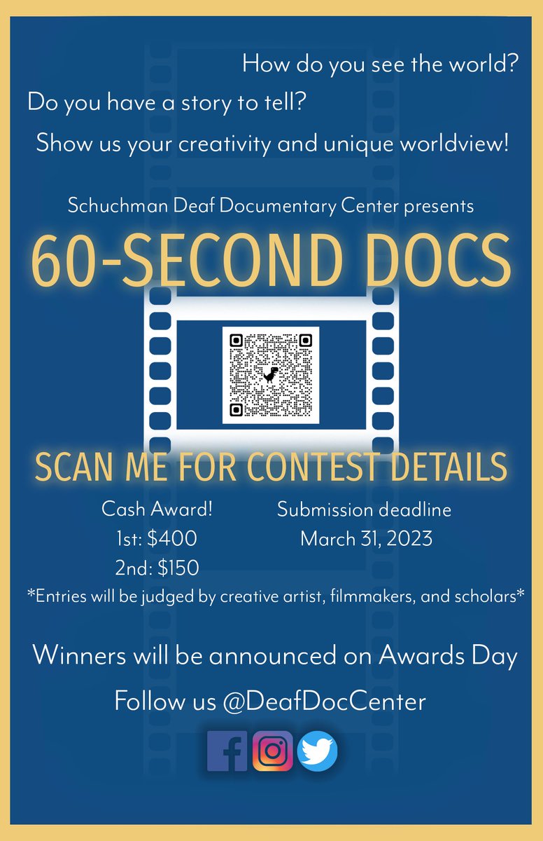 DeafDocCenter's tweet photo. The 60-Second Documentary Contest ends TODAY! #DeafDocCenter #GallaudetU #60SecDoc https://t.co/K3loc2pK0N