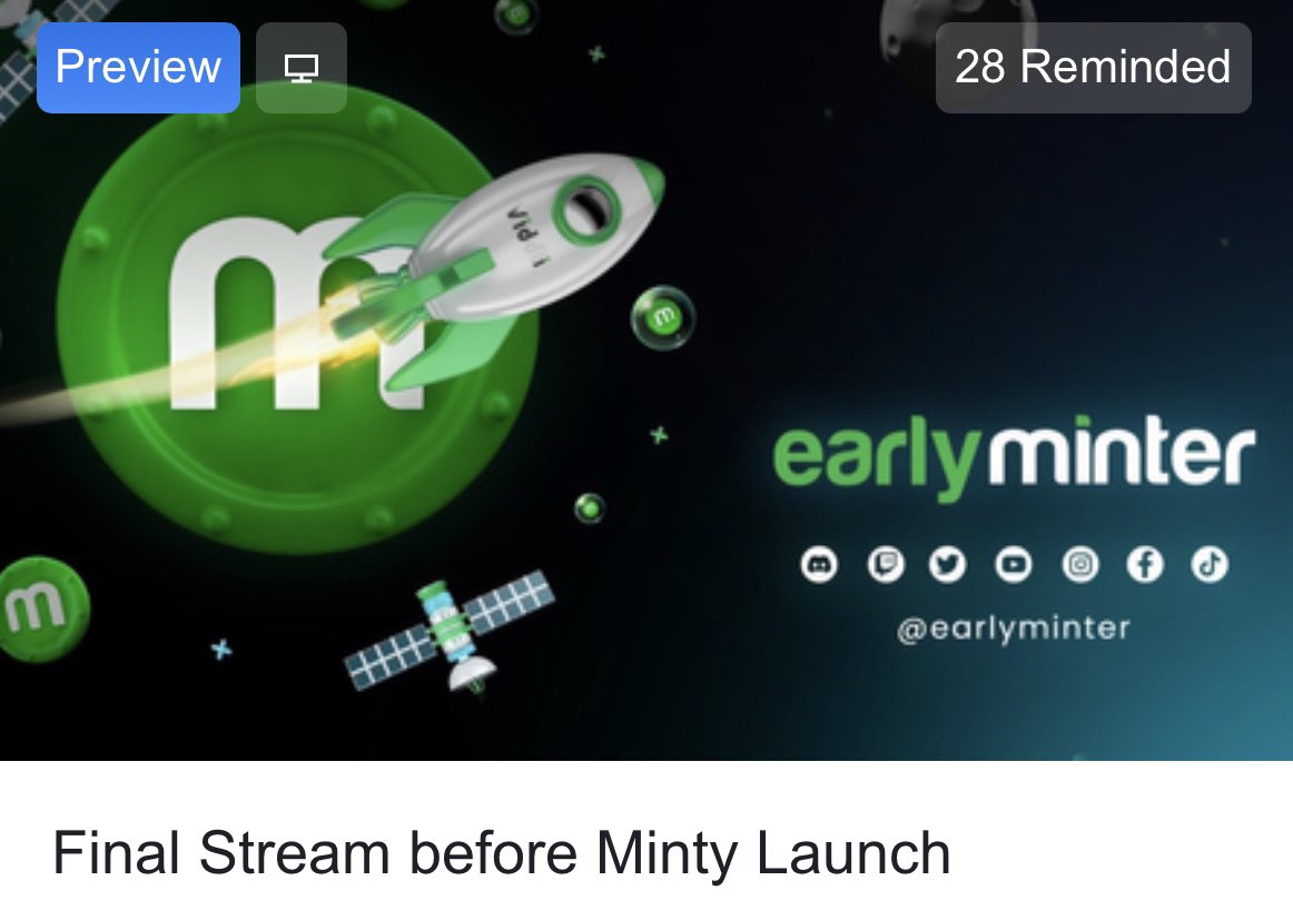 🚨 Important Stream 🚨 

Topic: Minty Launch $MTY
Where: twitch.tv/earlyminter
When: 01.04 / 05:00 PM (UTC)
Host: <a href="/isiqat/">Isiqat</a> 

Summary: Let’s talk about our post launch plan and other important questions that you might have.