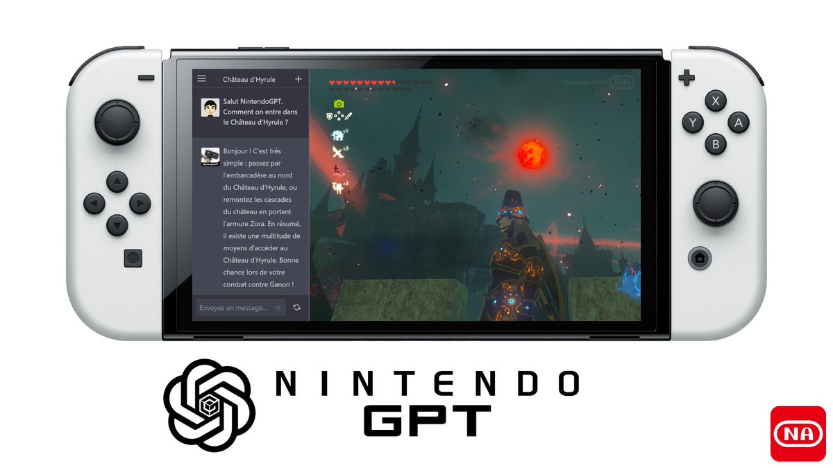 NintendoActu's tweet photo. NintendoGPT, votre nouvel assistant personnel de jeu, débarque aujourd'hui sur #NintendoSwitch !

#NintendoGPT peut vous donner des solutions et astuces en pleine partie, modifier le code des jeux en temps réel, et même vous permettre de discuter avec vos personnages favoris ! https://t.co/CVhAH1aMCR