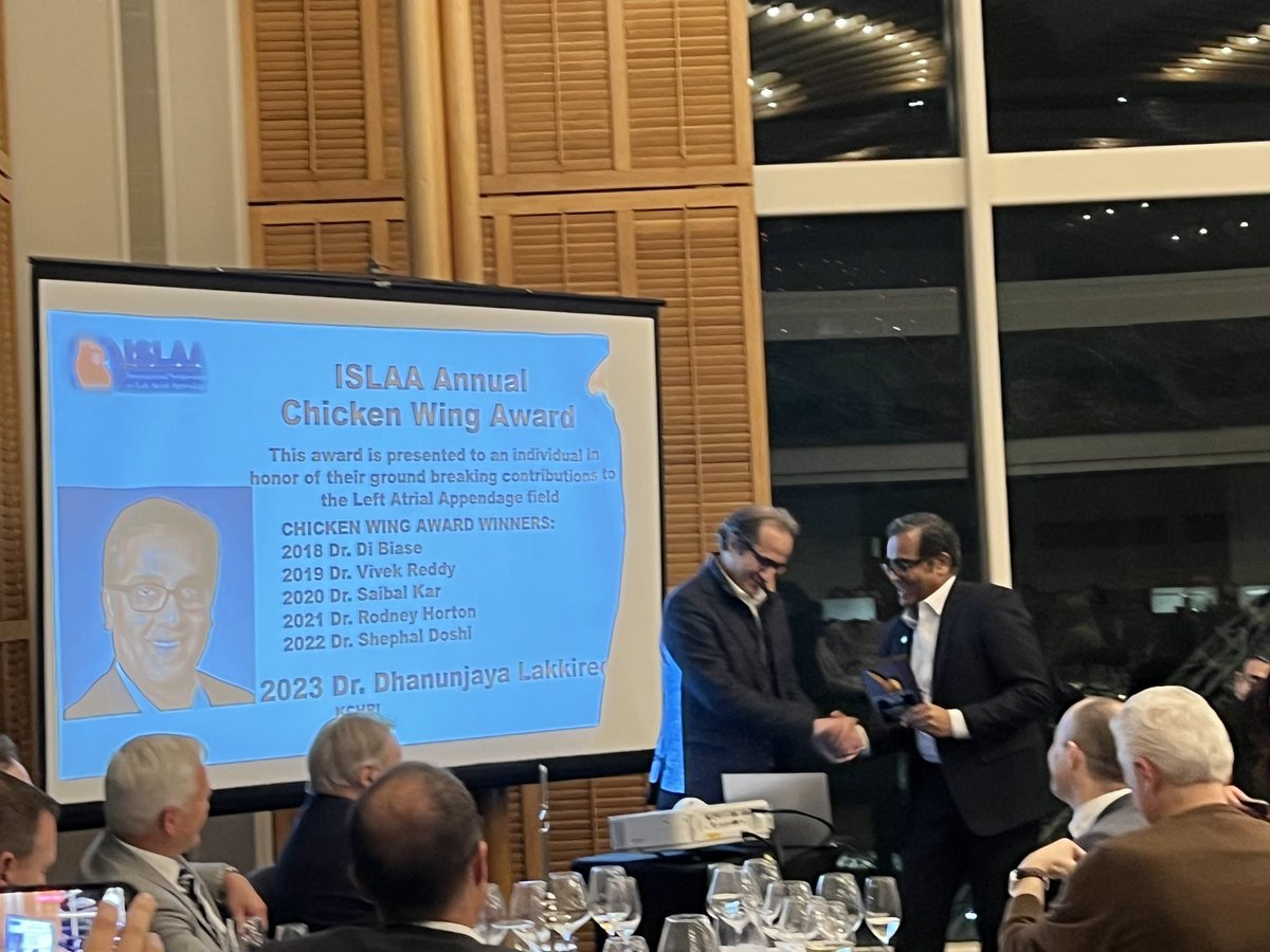 And the chicken wing award of <a href="/IslaaFoundation/">ISLAA</a> goes to …. <a href="/DJ_Lakkireddy/">DJ Lakkireddy</a> the organizer of the #ISLAA meetings from their inception <a href="/norocardiology/">NeuroCardiology</a> <a href="/AFib_Disease/">Atrial Fibrillation</a> <a href="/NeuroAFib/">Neuro-AFib Coalition</a>  cc <a href="/LuigiDiBiaseMD/">Luigi Di Biase</a> <a href="/VivekReddyMD/">Vivek Y. Reddy</a>  <a href="/davidrholmes2/">David Holmes</a> <a href="/SDoshiMD/">Shephal Doshi MD</a>