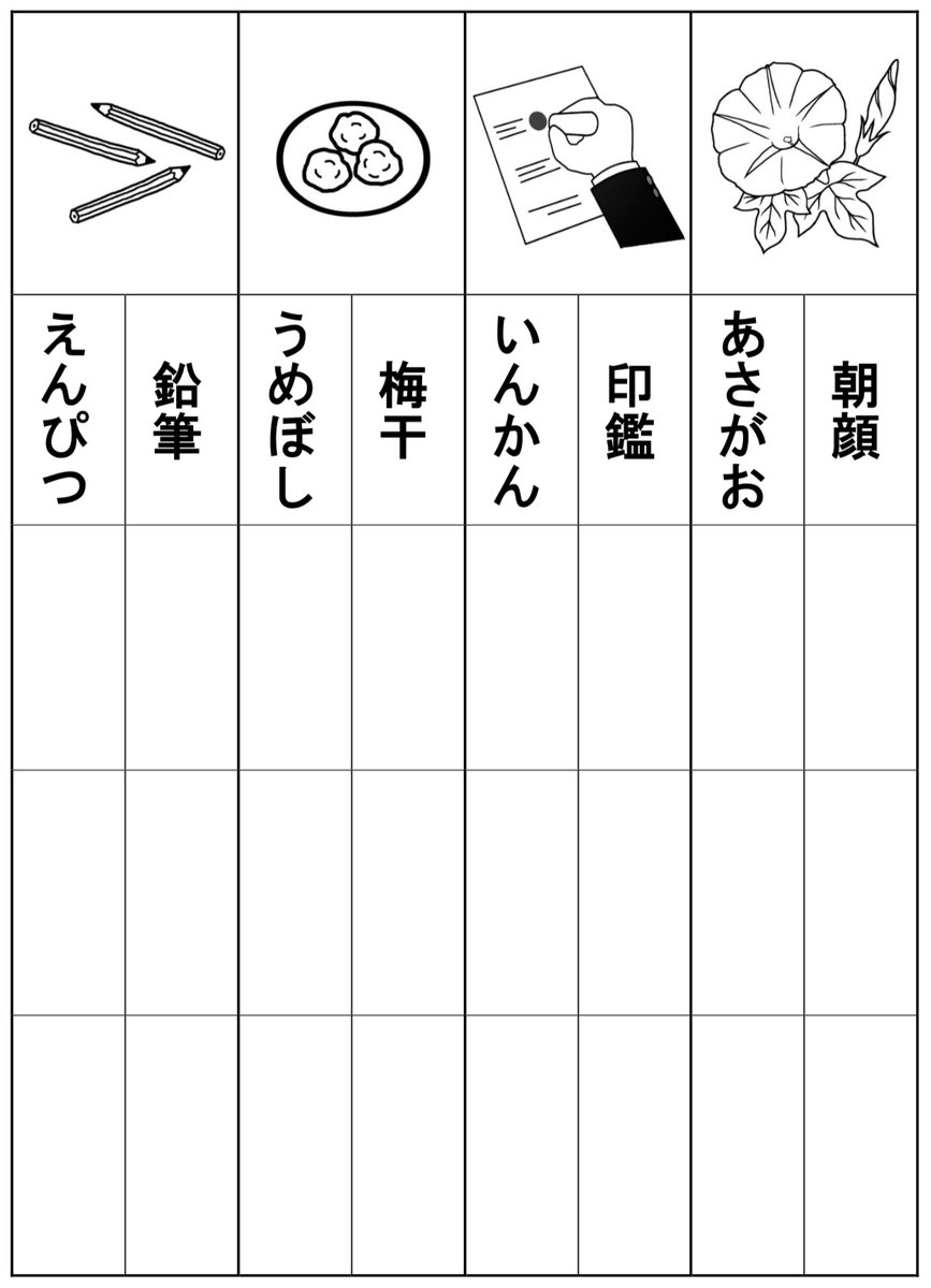 STSroom's tweet photo. 【教材紹介】
写字練習（4モーラ語・清音）
絵を見ながら字を書き写す練習です。
下記のリンク先から無料ダウンロードできます。
https://t.co/ak7EQj2sMR
#失語症 #言語障害 #言語聴覚士 #言語訓練 #ST #教材 #リハビリ #プリント https://t.co/fTDzCUmh0D https://t.co/hP47IDTRCO