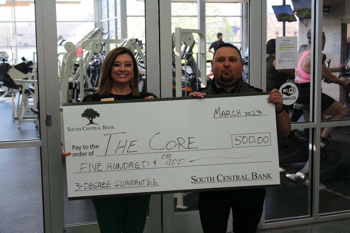 Congratulations to South Central Bank's 3-Degree Guarantee partner, The Core of Scottsville. They receive a $500 check. Presenting the check to Ernie Stafford of The Core is SCB's Angel Cosby. Keep up the good work.