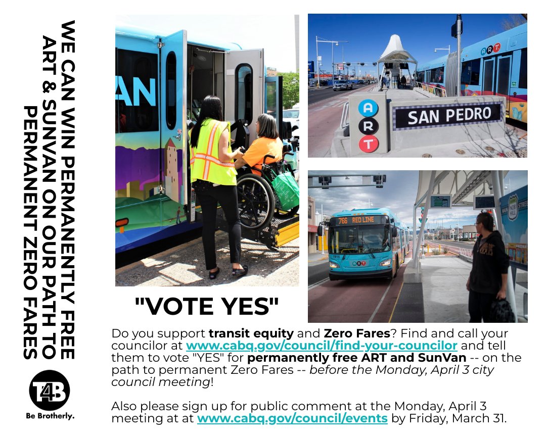 Hey friends! Did you know the @ABQCityCouncil is hearing O-23-71, a proposal to make ART and SunVan permanently free at their meeting on Monday? I hope you will consider contacting your councilor to tell them why zero fare is a critical step towards transit equity!