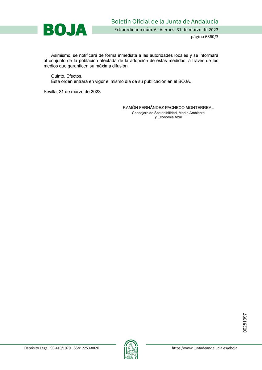 🔥Se suspenden temporalmente las autorizaciones y notificaciones de quema adoptadas o comunicadas, en los terrenos forestales y las zonas de influencia forestal de todo el territorio de la Comunidad Autónoma de Andalucía. 

Se extenderá hasta las 23:59 horas del día 10 de abril.
