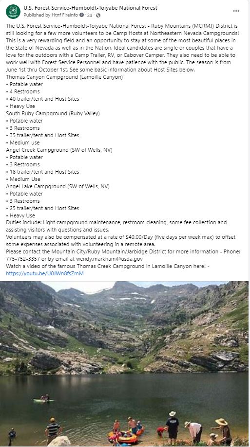 HumboldtToiyabe's tweet photo. #MtCityRubyMtsJarbidgeRD is still looking for #volunteers to be Camp Hosts at northeastern #Nevada campgrounds! Please contact Wendy Markham, Acting District Ranger, at 775-752-3357 or wendy.markham@usda.gov.
#campgrounds #lamoilleCanyon #thomascreek #angelcreek #angellake https://t.co/a2PsH2jGE6