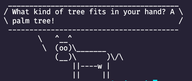 anwari333's tweet photo. Biar ga bosen, tiap buka terminal sekarang selalu ada cowjoke, gabungan cowsay + dadjoke.

cowsay tinggal install, sementara dadjoke pake curl aja:
curl -H "Accept: text/plain" https://t.co/R6y5VhKJxv -s https://t.co/alyi5rlHEe