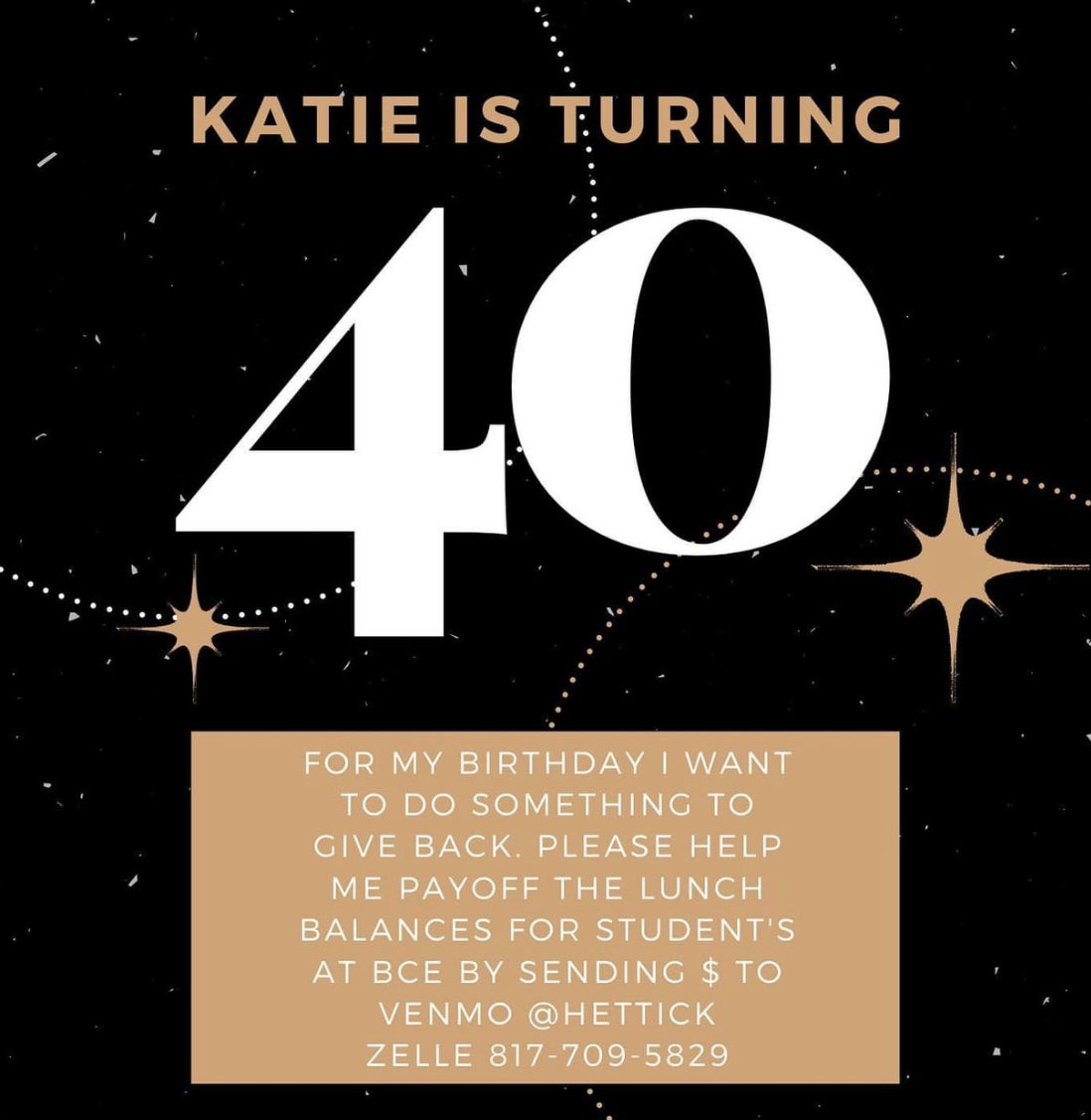 Shout out to ⁦<a href="/BearCreekElem/">Bear Creek</a>⁩ very own  Katie Hettick! Turning 40 and giving back to our Bear Creek students! Donations payed off unpaid student balances- 🎉🎉🎉⁦<a href="/BearCreekPTA/">Bear Creek Elem PTA</a>⁩ #givingback