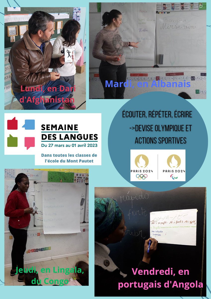 FleurAline2's tweet photo. #REP #SemaineDesLangues2023 à St-Loup... La langue maternelle des parents : une richesse à l'école du Mont Pautet. Les élèves se sont préparés au multilinguisme des JO #Generation2024 #Paris2024 https://t.co/P8MwhcCIjL
