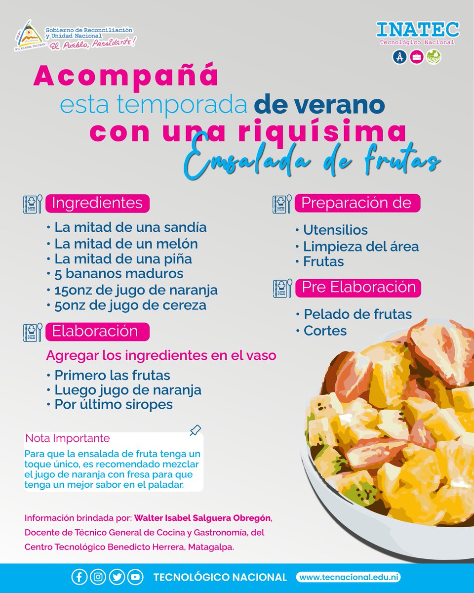 TecNacional's tweet photo. 🍍 Para poder disfrutar de estos calurosos días, te compartimos una receta de fácil elaboración con frutas de la temporada que te mantendrán fresco e hidratado.  #VeranoVidaAlegria ☀️ https://t.co/spcxcJtZuc