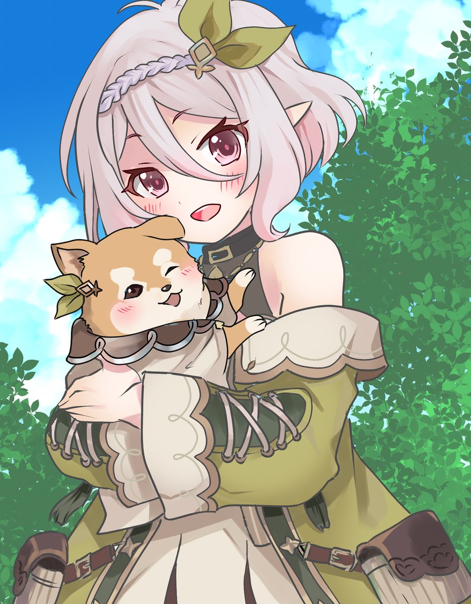 kokkoro (princess connect!) 1girl pointy ears elf short hair hair between eyes dog animal hug  illustration images