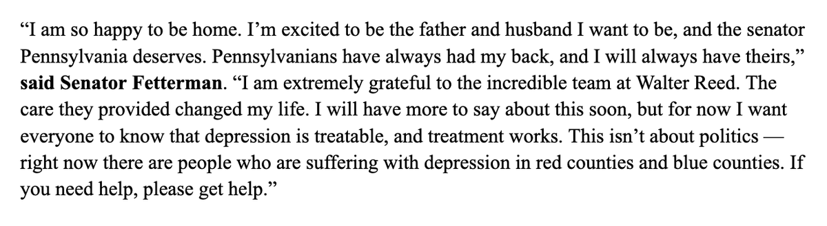 NEWS: Sen. Fetterman was discharged from Walter Reed, and is now back in Braddock

With the Senate in recess for the next 2 weeks, John will spend time with his family and constituents in PA, and return to D.C. when the Senate session resumes on 4/17.

Full statement from John: