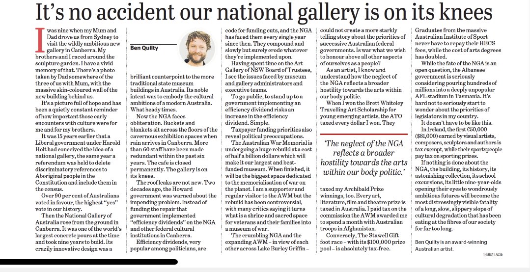 Very well said ⁦@BenQuilty⁩ Funding the arts is supporting the future health & wealth of the country #NationalGallery #ArtsFunding #auspol