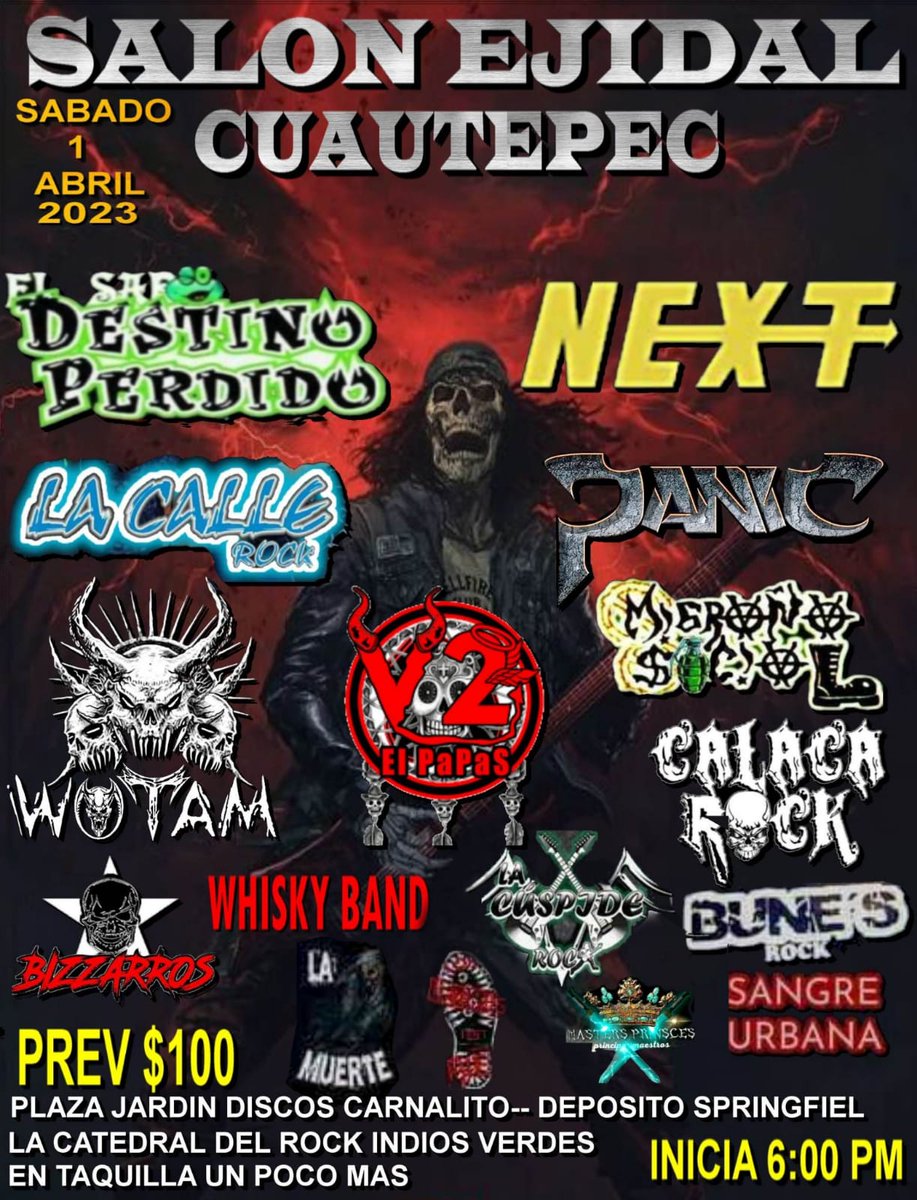 Rock_Urbano's tweet photo. 1 de Abril 2023 / Salón Ejidal / Cuautepec, CDMX / 6PM
#DestinoPerdido
#NextMetal
#LaCalleRock
#Panic
#WOTAM
#V2ElPapas
#CalacaRock
#Bizzarros
#LaCúspideRock
#BunesRock
#SangreUrbana
Y más
#TocadaCuautepec #TocadaCDMX #TocadasRockUrbano #RockUrbano #RockNacional #RockMexicano https://t.co/szVJ5UFKs8