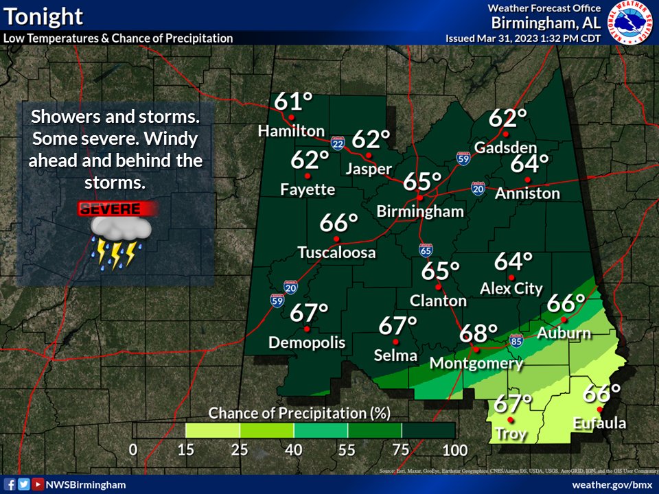 NWSBirmingham's tweet photo. There remains a risk of severe storms in central Alabama overnight into Saturday morning. The highest threat is in the northwest part of the state. The storms move out early Saturday afternoon. #alwx https://t.co/uZNc5QZfcA