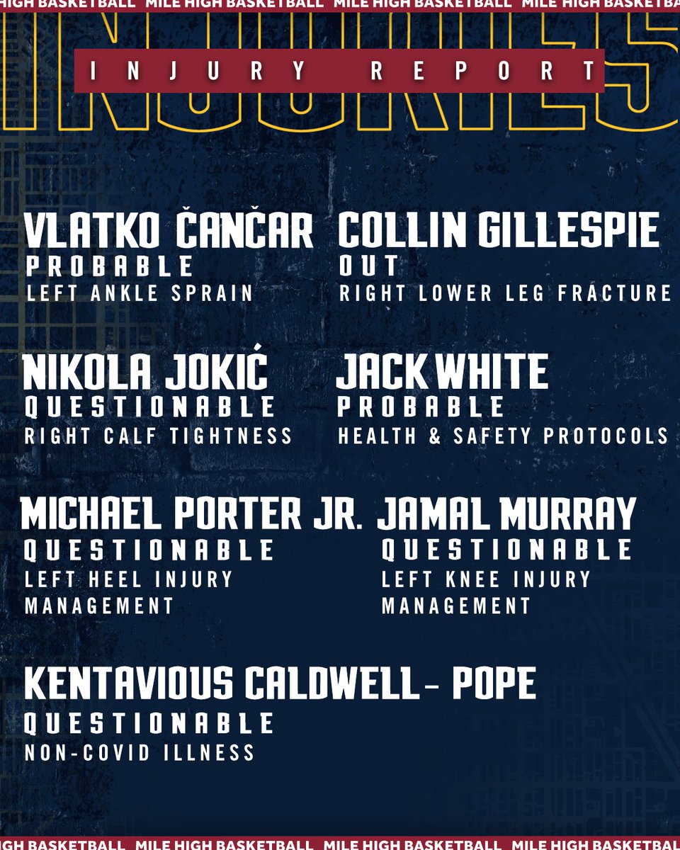 Denver Nuggets on Twitter: "Injury Report for tonight's game in Phoenix