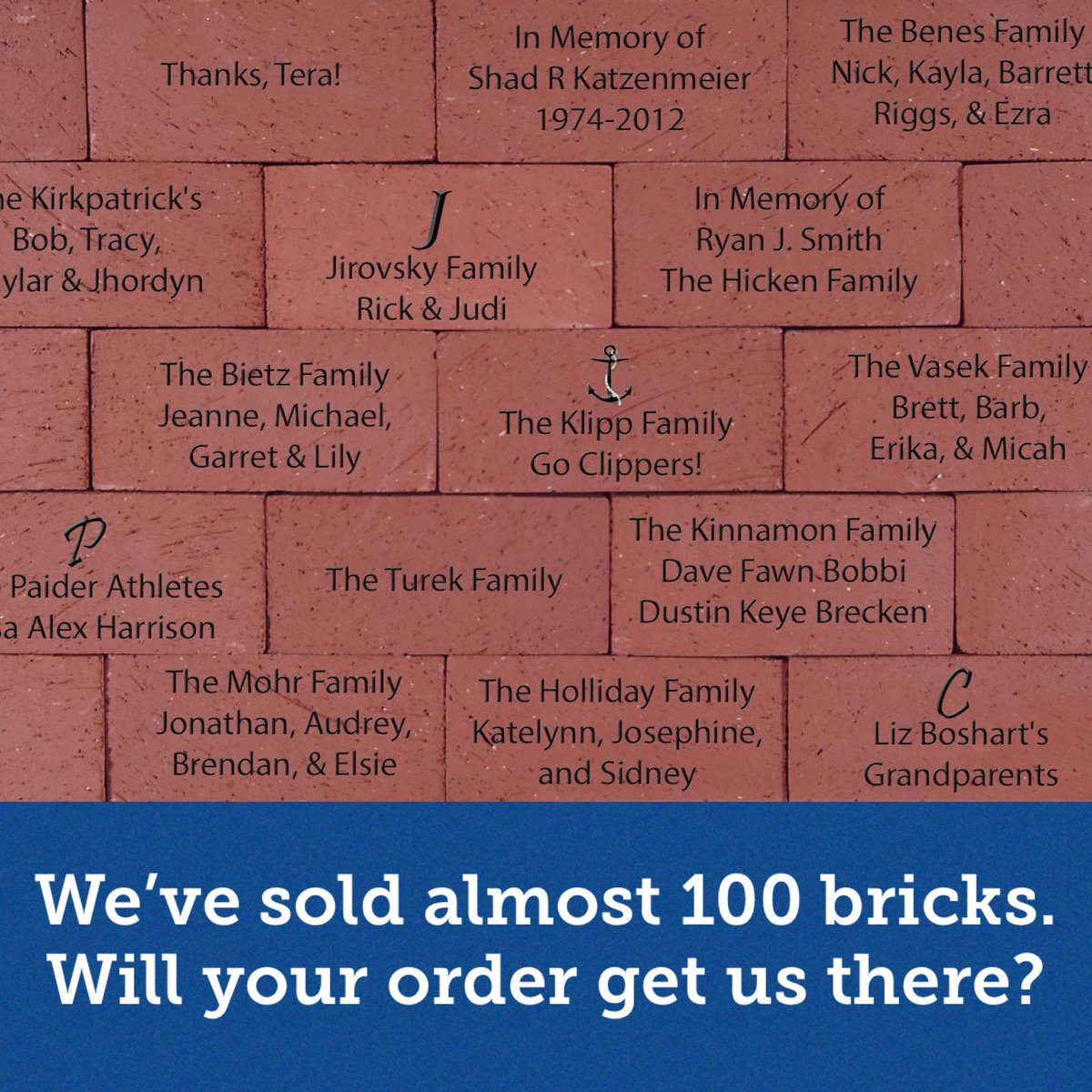 MalcolmField02's tweet photo. We have sold almost 100 bricks. Will your order be #100?
Last day to get a memorial brick is April 1st. Order yours today at https://t.co/9pIWAM85hi
See the list of Brick Donations at the link above.

Like / Comment / Share with your friends https://t.co/oOz3ab9YiS