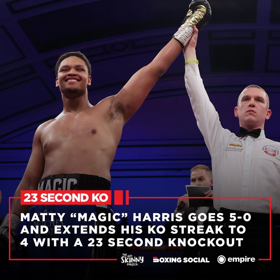 📈 ‘MAGIC’ MATTY HARRIS MARCHES ON! 

@RealMattyHarris makes lightning quick work of his opponent, Milos Veletic, knocking him out early in the first round! 💥 

📸 Leigh Dawney | <a href="/WassermanBoxing/">Wasserman Boxing</a> 

#HarrisVeletic #EubankAntin #Boxing