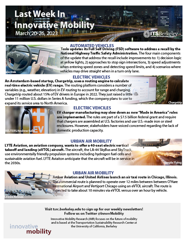 UC Berkeley's Innovative Mobility Highlights for the week of March 20th to 26th, 2023; please see: innovativemobility.org/.../Newsletter…

To receive our latest updates, please subscribe at: tsrc.berkeley.edu (bottom of home page).

Note views are my own.