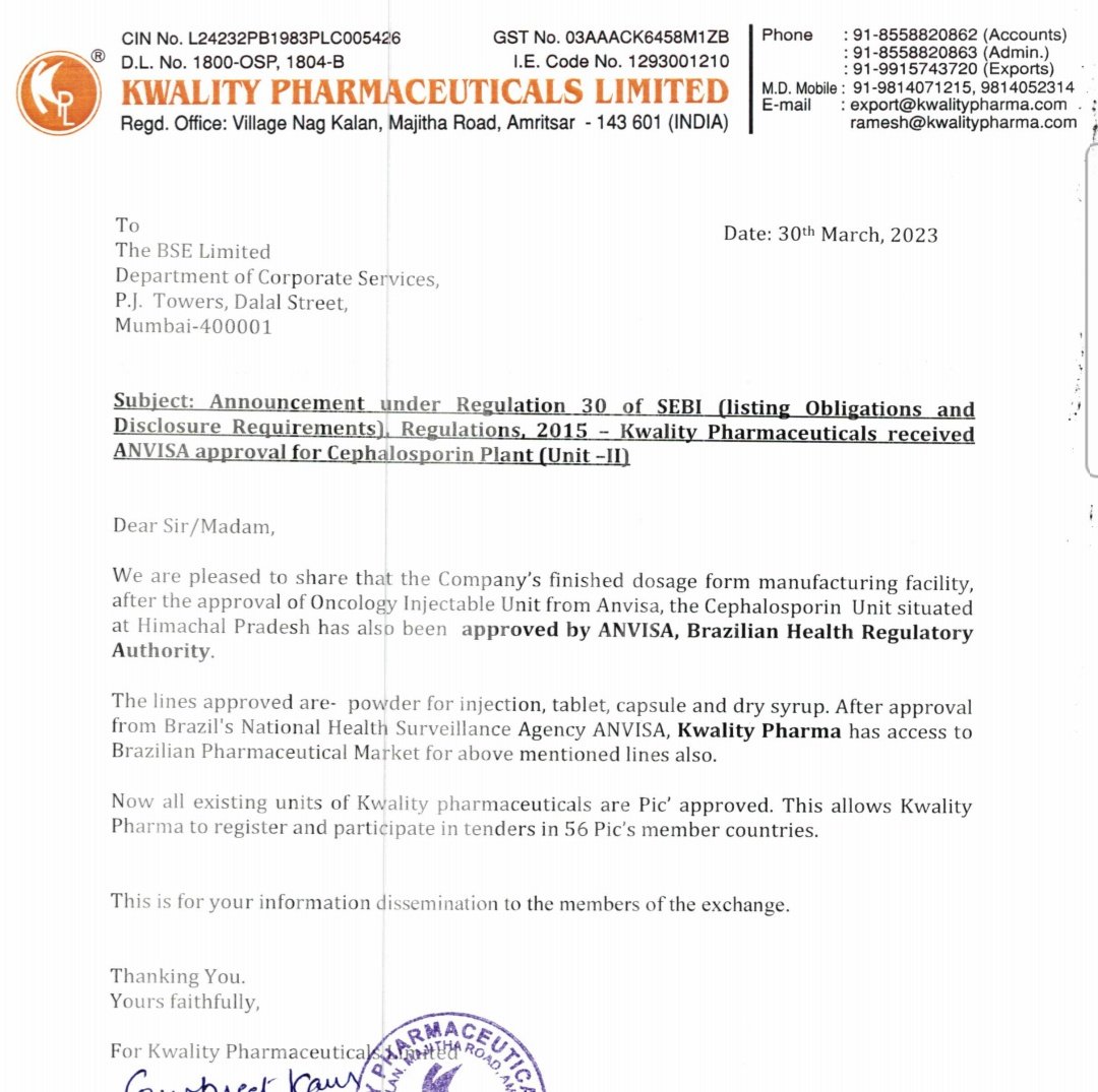 MarketVedantA's tweet image. Kwality Pharmaceuticals received ANVISA approval for Cephalosporin Plant, Unit -II

#KwalityPharmaceuticals  #ANVISA #Approval #CephalosporinUnit #HimachalPradesh