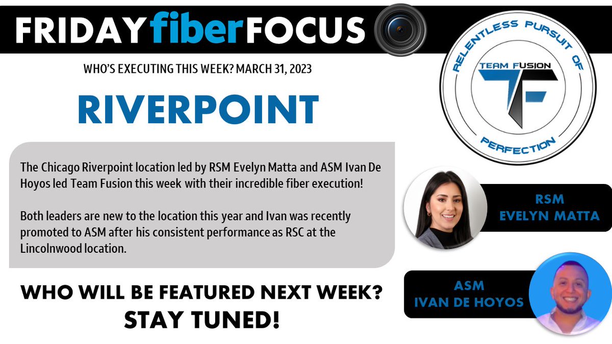 Introducing the Team Fusion Friday Fiber Focus!!

This week we are recognizing the Riverpoint location! Evelyn and Ivan are doing some incredible work there, especially with fiber!! Keep it up guys!!!

<a href="/EvelynMatta4/">Evelyn Matta</a> <a href="/shawnglinski/">Shawn Glinski</a> @BrianWest_GLM <a href="/GreaterLakesMkt/">Greater Lakes Market 🌊</a> <a href="/CommingsDesmond/">Coach Des</a>