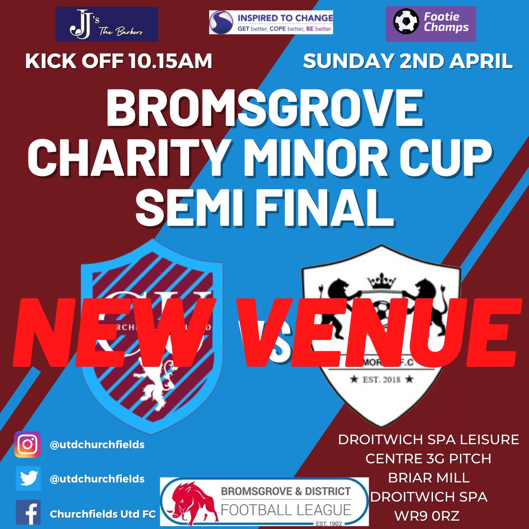 NEW VENUE. Unfortunately our home pitch is un playable so we have moved the Semi-Final to The Droitwich 3G for a 10.15am KO! Thanks to <a href="/MemorialFC/">Rubery Memorial F.C</a> for being so understanding to help us get this game on 🙌🏻 #UTC⛪️