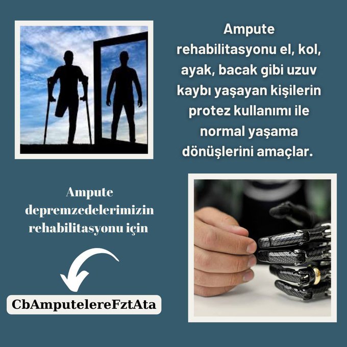 🔵 Depremde uzuvlarını kaybetmiş olan yurttaşların fizyoterapist ve rehabilitasyona ulaşabilmesi için 10 bin fizyoterapist istihdamı yapılsın talebi ile sosyal medya üzerinden kampanya başlatıldı  

CbAmputelereFztAta