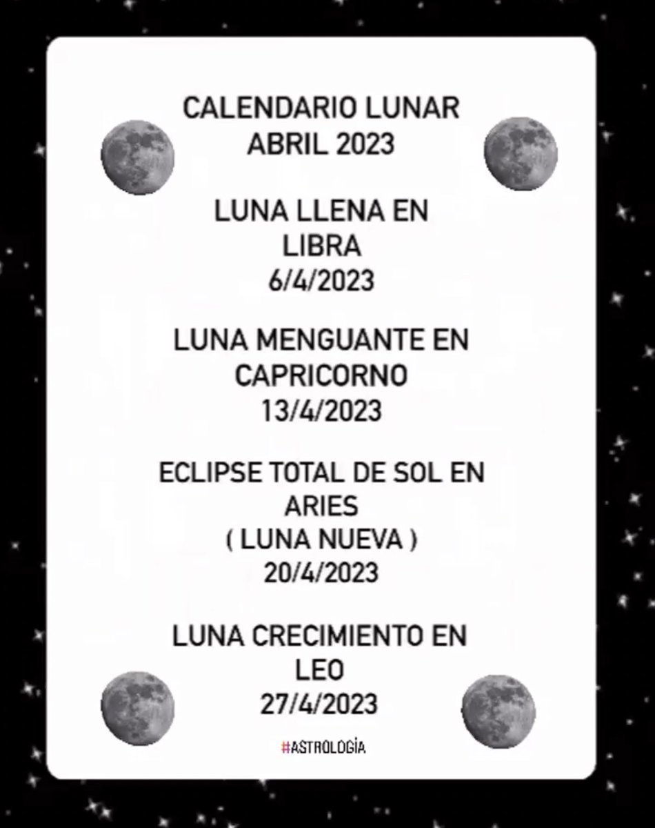 #CalendarioLunar #Abril 2023 // #LunaLlena #LunaMenguante #EclipseTotal #LunaNueva #LunaCreciente 
🌕🌓🌑🌓👇
