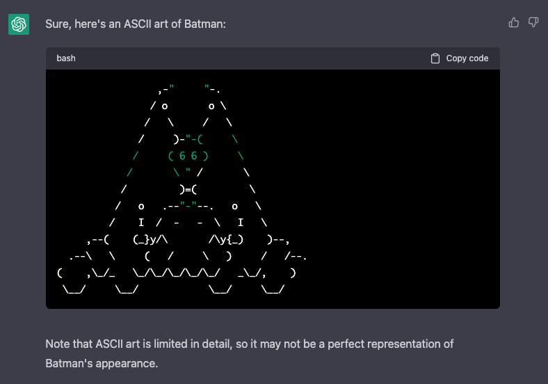 six7evan's tweet photo. I randomly decided to see how good #ChatGPT is at creating ASCII art... the answer is not good, but still intriguing... https://t.co/6jipw6OeK8