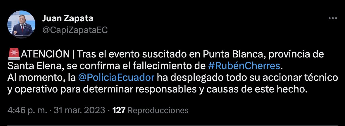 ecuainm_oficial's tweet photo. ‼️#URGENTE
@CapiZapataEC, Ministro del Interior, confirma que  Rubén Cherres es uno de los asesinados en Santa Elena. Cherres era operador de la mafia albanesa y amigo del cuñado de Lasso, Danilo Carrera. https://t.co/DhkJSjgxrr
