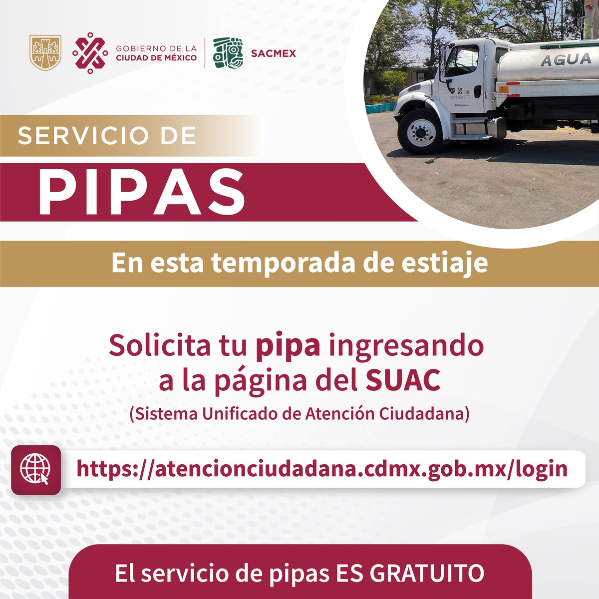 SEGIAGUA's tweet photo. Como apoyo a los habitantes de la Ciudad de México, en Sacmex contamos con el programa de pipas 🚍.

La puedes solicitar al número de Locatel:

☎ 55 5658 1111 
☎ *0311 

#Pipas #ProgramaGratuito https://t.co/qEsKP80rdH