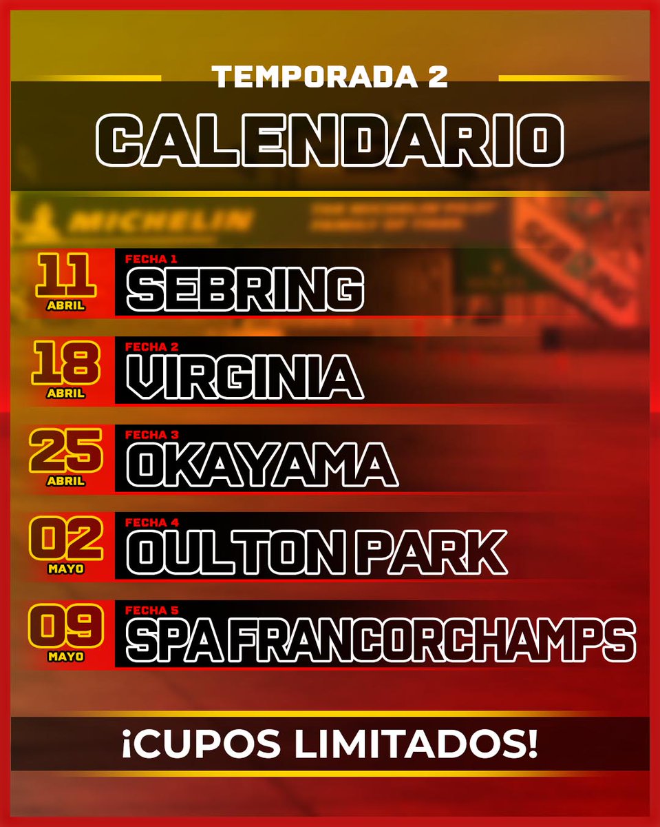 INSCRIPCIONES TORNEO DE FERRARI FIXED ABIERTAS! ¿TE LO VAS A PERDER? 🔥

🔹Ferrari 488 GT3 EVO - Setup fijo.
🔹3 circuitos de contenido base + 2 circuito pago.
🔹5 fechas con una de descarte.
🔹35 cupos limitados.

🤑 Link de inscripción aquí!
discord.gg/R3kKXc4jct