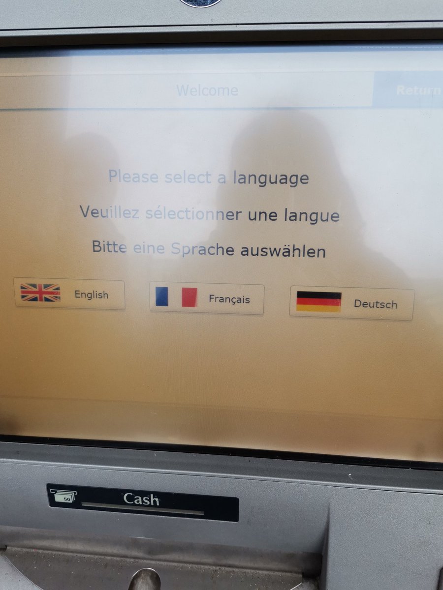 EmmaGriffiths36's tweet photo. @Barclays Ble mae'r Gymraeg? 🤔 Dim dewis i gael Cymraeg ar yr peiriant arian yn Tonysguboriau. No option to choose Welsh Language on the cash machine in Talbot Green but you can choose French or German 🤔 https://t.co/uJvCqibgfM