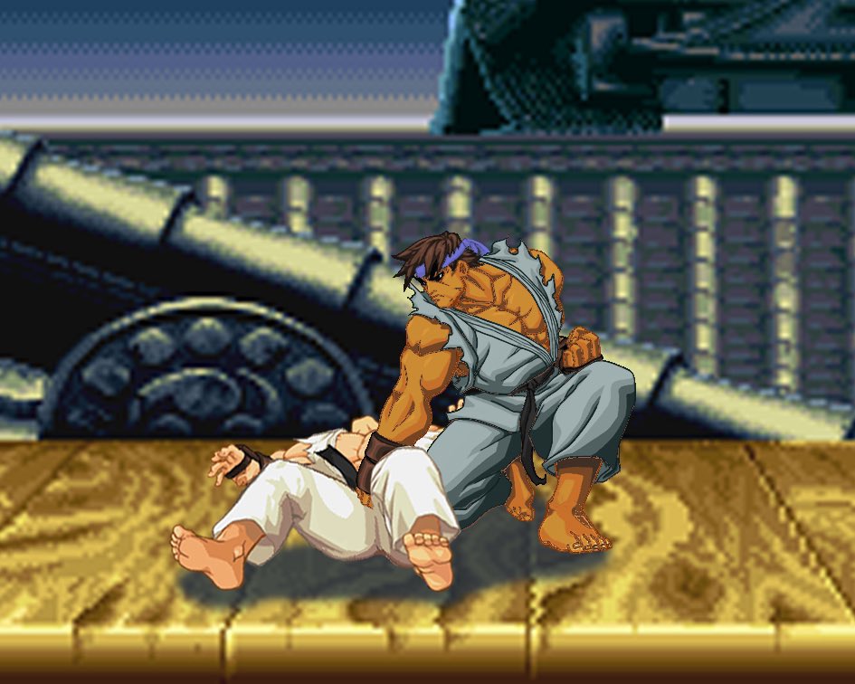 Dark Ryu knocks out Ryu by hitting his ball.
