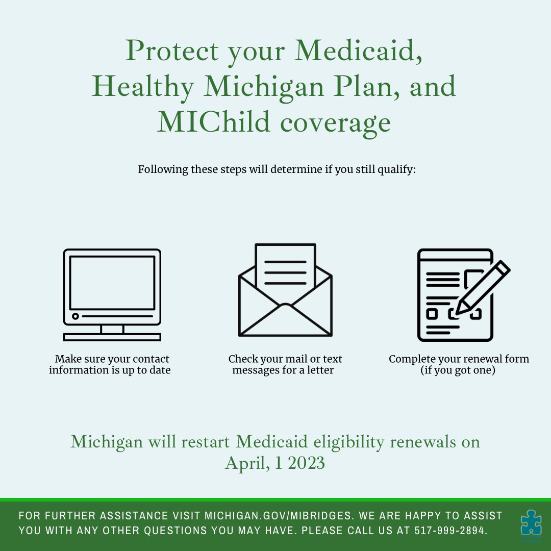 nwlansing's tweet photo. Starting April 1, 2023, the Michigan Department of Health and Human Services (MDHHS) will begin sending renewal information to the addresses they have on file. If you receive this renewal, you must respond or your Medicaid coverage will be terminated. https://t.co/bIGNnaAZq8