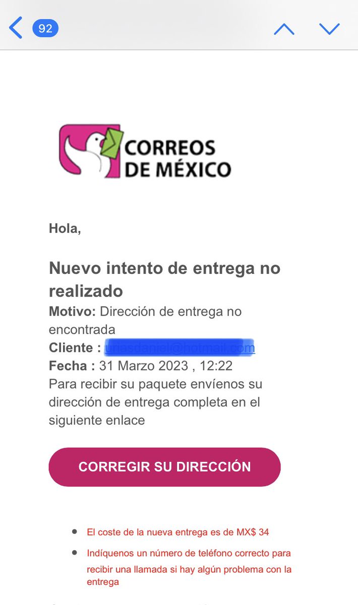 coolturafin's tweet photo. Si reciben un mail de Correos de México pidiéndoles que actualicen su dirección para que puedan recibir un envío, verifiquen de dónde salió el mail y NO DEN CLIC EN NINGÚN LADO ⚠️ https://t.co/r6H0tfZ3pp