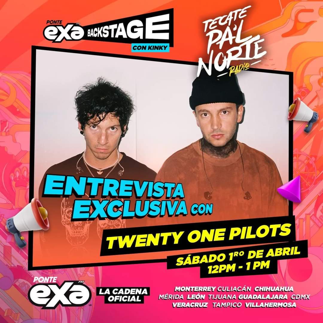 PilotsCliquemx_'s tweet photo. ⚠️ÚLTIMA HORA⚠️
El día de mañana en la estación de radio EXA, tendrán una entrevista con Twenty One Pilots 👀❤️✨
El horario será de 12:00pm a 1:00pm (hora centro de México)
#twentyonepilots
#tylerjoseph
#joshdun
#exaradio https://t.co/2LF5a4EF9I