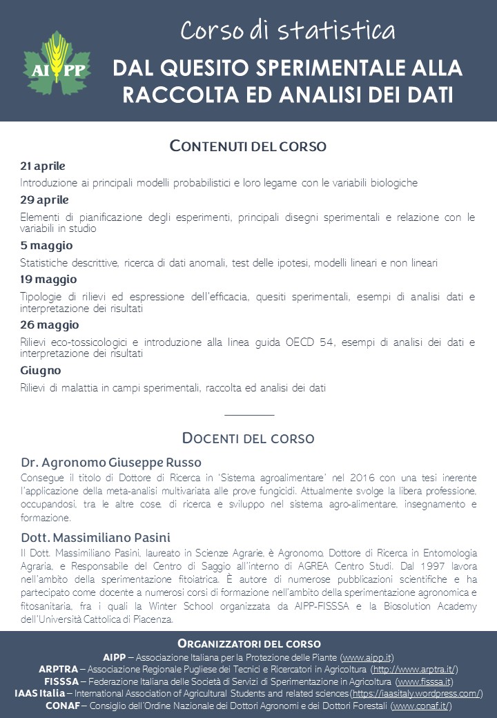 Aipp1992's tweet photo. Corso di #statistica 'Dal #quesito #sperimentale alla #raccolta e #analisi dei #dati' organizzato da #AIPP in collaborazione con #FISSSA, #ARPTRA, #IAAS Italia e #CONAF, si parte il 21 aprile, 6 sessioni, info al link https://t.co/QPXCp85t78, iscrizioni a https://t.co/CBp0uLmuk6 https://t.co/iZcvTkuhPV