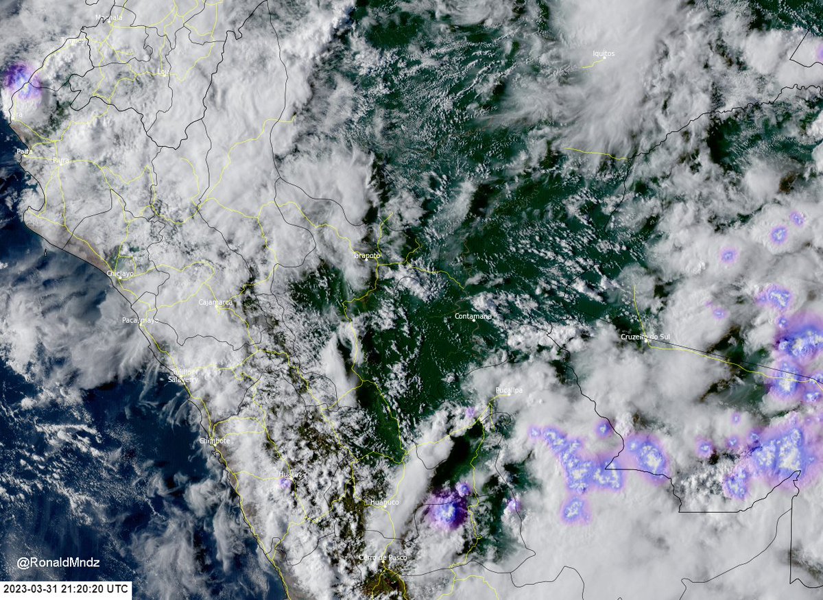 Asismet_IF's tweet photo. Monitoreo #satelital🛰️

Ahora nubes con descargas eléctricas en selva centro y sierra centro-sur occidental: #Ucayali, #Pasco, #Junín, #Lima, #Tacna, #Arequipa, #Cusco #Puno, #Ayacucho y #Apurímac. ⛈️⛈️⛈️
Y aislados en costa de #Piura limites con #Tumbes. https://t.co/2u6mWdXnth