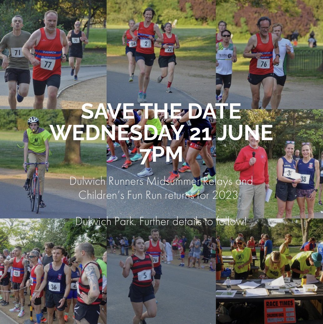 Save the date! Midsummer Relays and Childrens Fun Run - Dulwich Park - Wednesday 21 June 7pm - more details to follow!