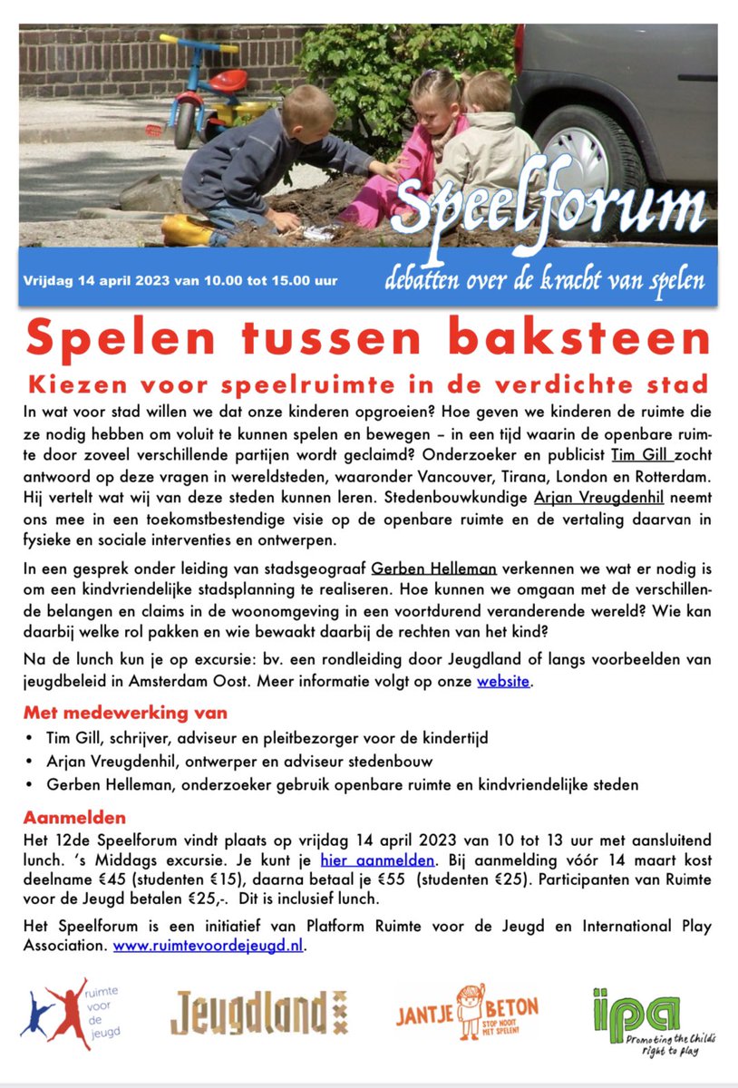 Kinderen wonen ook! Hoe zorgen we voor een gezonde speelomgeving? Wat kunnen gemeentes doen vanuit hun regie-rol? Geef je snel op en denk mee! Met onderzoeker <a href="/timrgill/">Tim Gill</a> @rvermin @Gerbenhelleman <a href="/OBBIngenieurs/">Speelruimteadvies</a>  <a href="/JantjeBeton_nl/">Jantje Beton</a>  ea. voertaal is NL. Boek van Tim Gill is verkrijgbaar