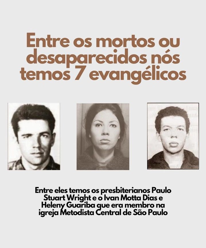 Pouca gente sabe mas temos desaparecidos evangélicos pela ditadura e outros que foram ass4ssinados. Veja alguns deles. Existia inclusive pentecostais.

Não vamos esquecer! 
#DitaduraNuncaMais 

Imagem : Jackson Augusto